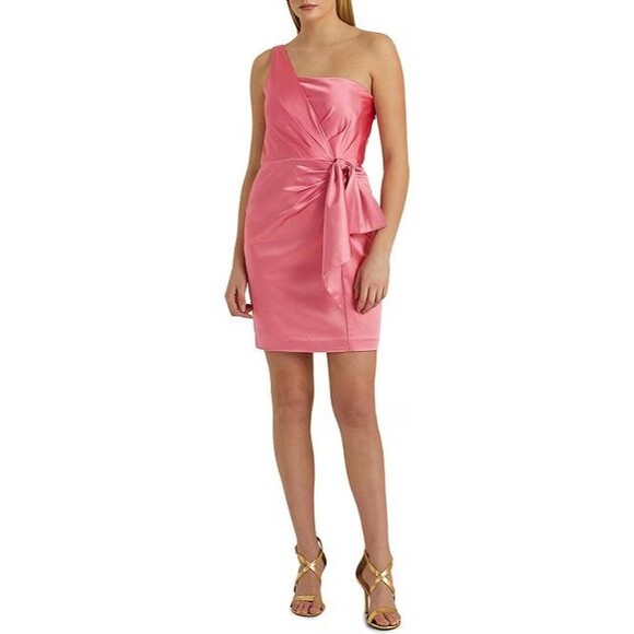 NEW Lauren Ralph‎ Lauren Cocktail Dress Womens 8 Satin Pink One Shoulder Sheath - Picture 1 of 16